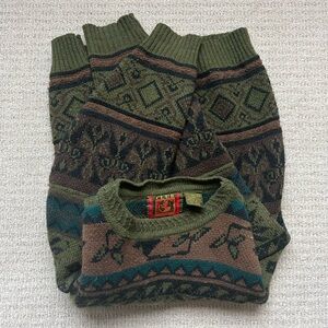 Vintage 90s green and brown oversized patterned wool blend sweater